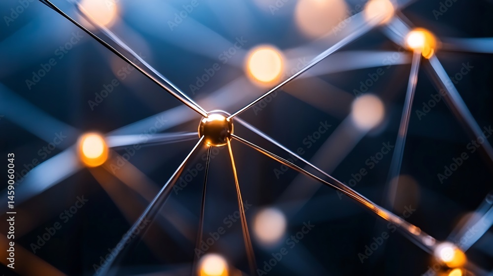 Fototapete Abstract network connection, golden sphere nodes linked by metallic lines, dark blue background, illuminated points, digital technology concept. : Generative AI
