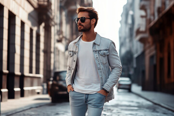Obraz premium Man in stylish casual outfit walking down a city street, urban lifestyle, confident mood.