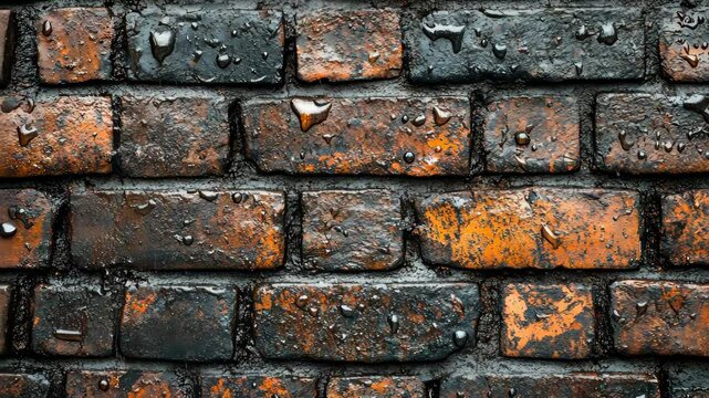 Wet, dark-orange bricks with water droplets