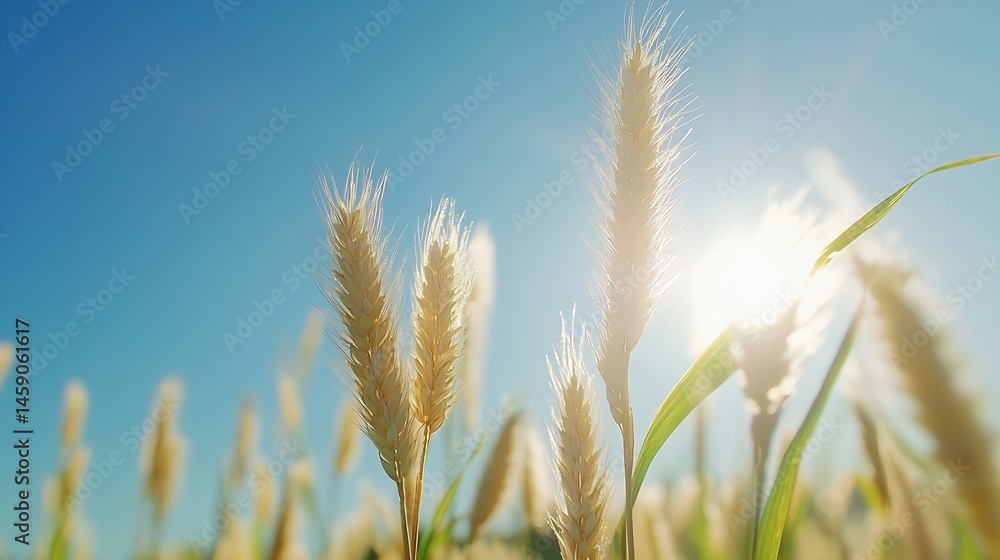 Poster close-up view of sunlit wheat stalks, their pale yellow heads gently swaying in a field under a vibr