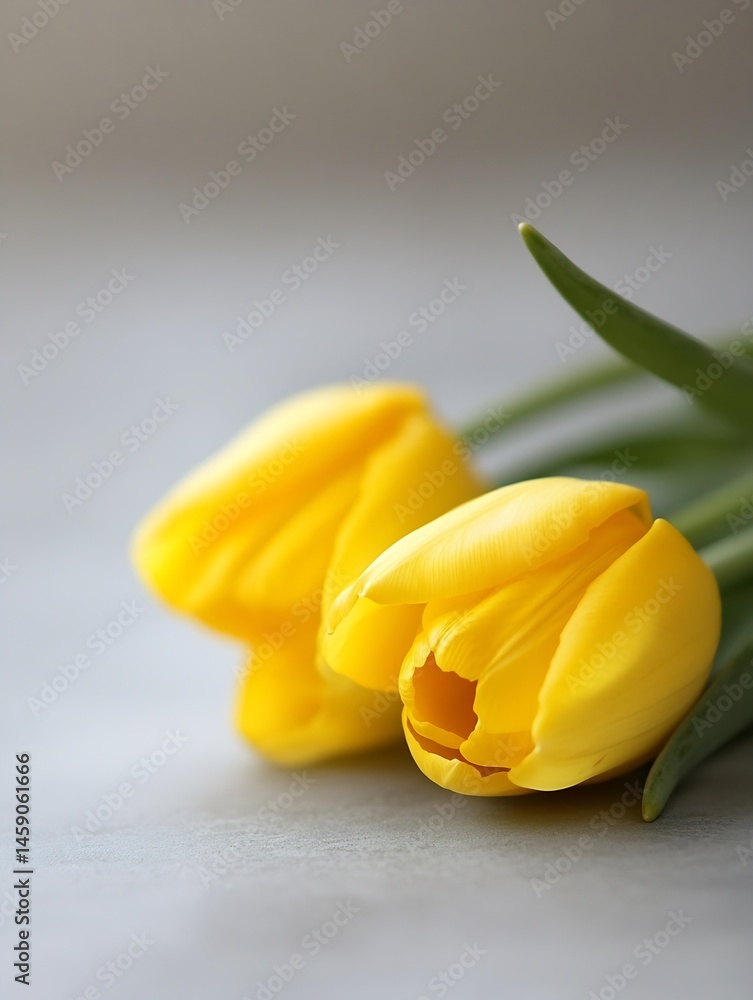 Aufkleber close-up view of two vibrant yellow tulips resting gently on a light gray surface, showcasing their 