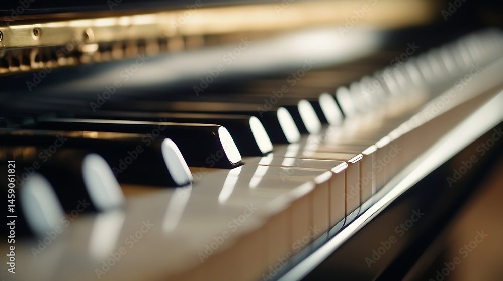 Poster close-up view of a piano keyboard, showcasing the polished black and white keys reflecting soft ligh