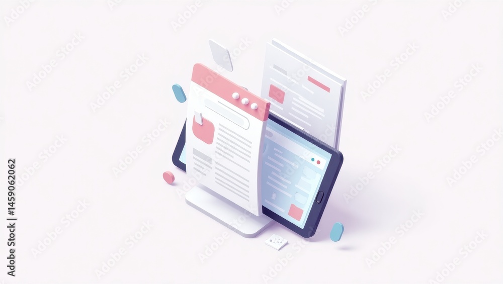 Poster website development. digital dreaming space. isolated 2d isometric illustration. lone designers crea