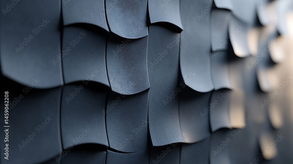 Fototapete Abstract dark gray textured wall with curved, overlapping panels creating a three-dimensional effect, ideal for modern architecture or design backgrounds. : Generative AI