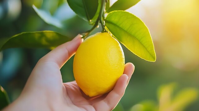 A hand gently holds a ripe, yellow lemon plucked fresh from a tree branch, sunlight illuminating the citrus fruit and green leaves. : Generative AI