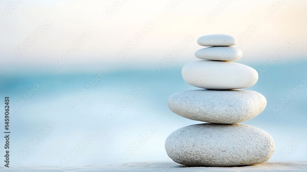 Poster serene stack of white stones on sandy beach with calm ocean background, evoking tranquility and bala