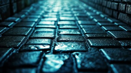 Wet cobblestone alleyway, dark blue tones, perspective - Powered by Adobe