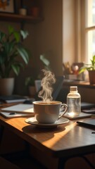 A warm cup of coffee on a desk with steam rising from it