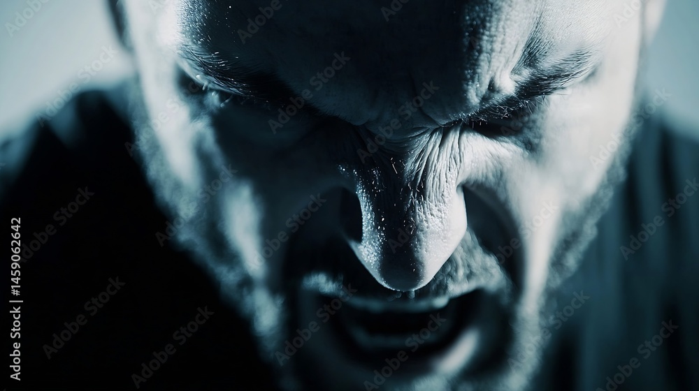 Poster close-up portrait of a man's face, contorted in anger, showing intense emotion and facial tension. d