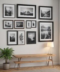 Stylish customizable photo frame gallery wall mockup with assorted frame types ,  different frames,  gold frames,  wood frames