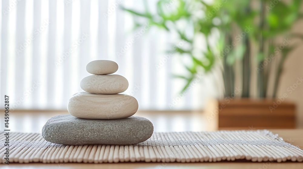 Leinwandbilder serene stack of balanced stones on a bamboo mat, peaceful spa setting with blurred background of pla