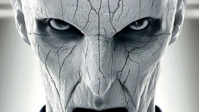 Metallic humanoid expresses intense gaze with subtle movements in closeup sequence