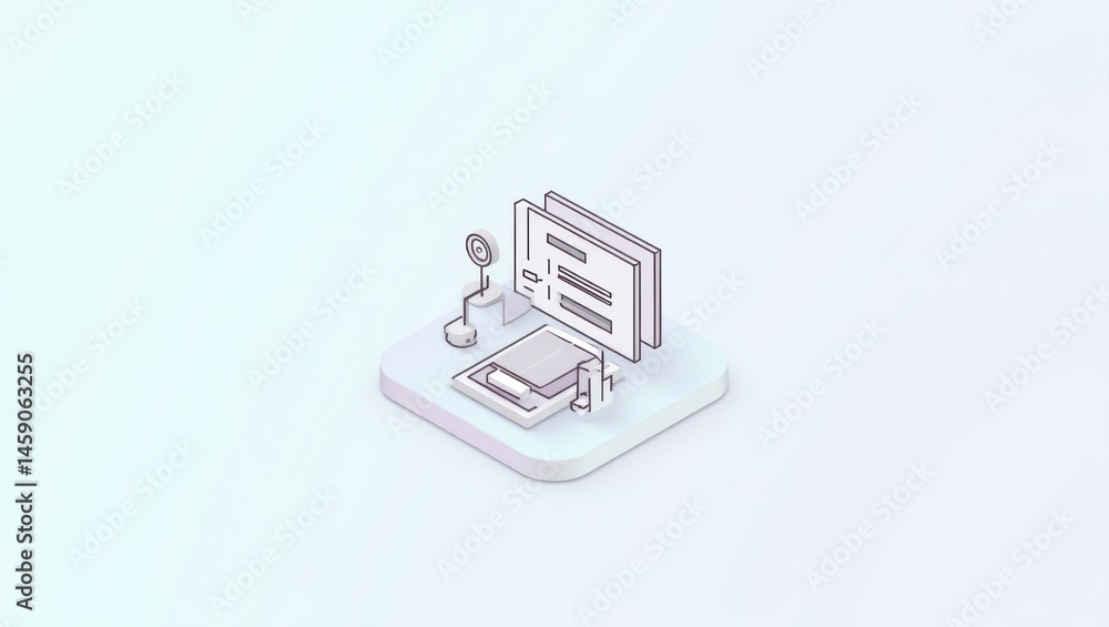 Poster web stories. technology in isolation. isolated 2d isometric illustration. lone computer sits isolate