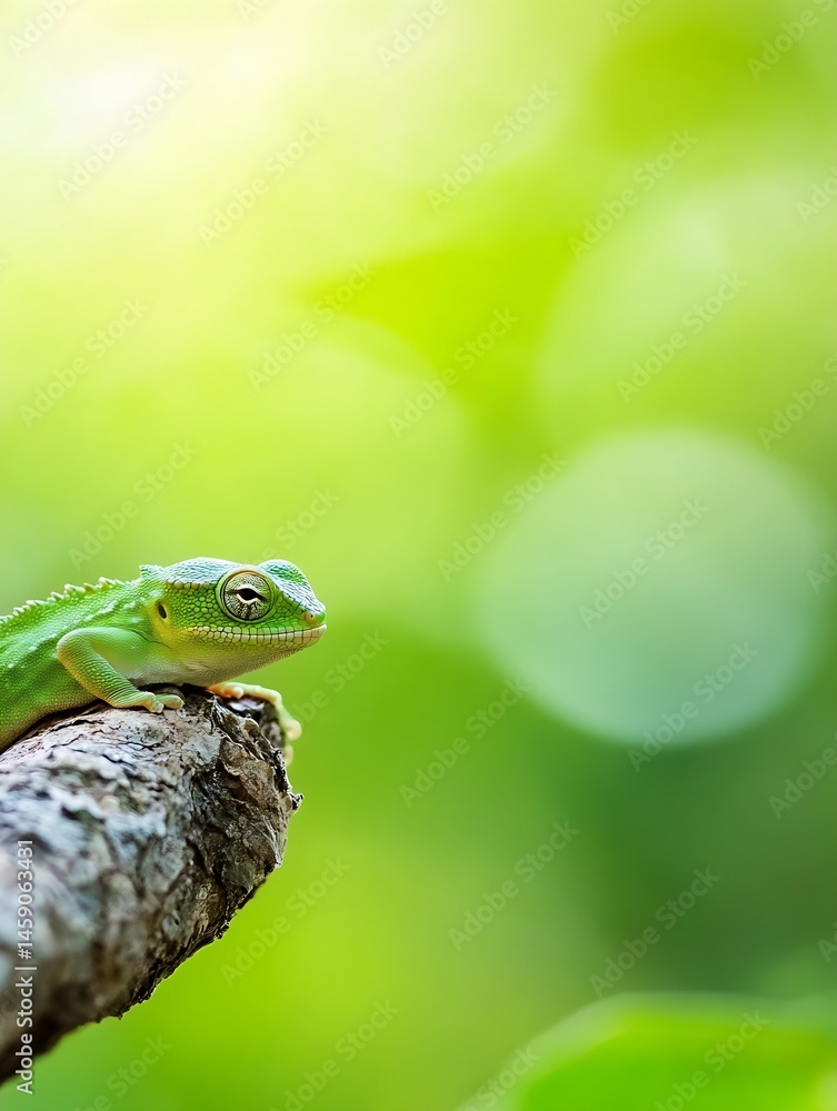 Poster a vibrant green lizard perched on a weathered branch, basking in the soft sunlight of a lush, verdan