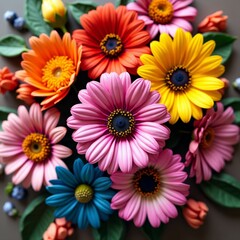 A vibrant bouquet of flowers with a mix of bright colors including pink, yellow, blue, orange, and red