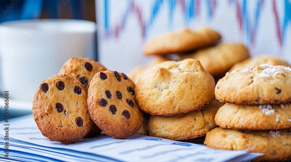 Aufkleber a close-up shot of assorted cookies, including chocolate chip and plain cookies, stacked on document