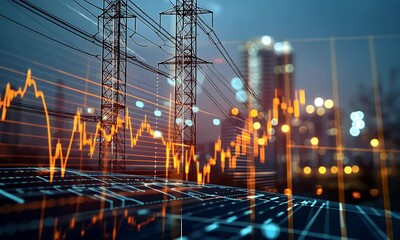A digital display showing the stock market chart with an electric power grid in the background,  - Powered by Adobe