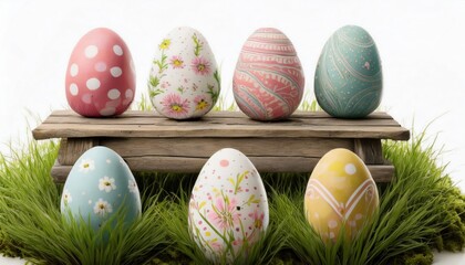 colorful painted easter eggs on rustic wooden bench with spring grass and daisies for seasonal web design, print decor, or festive branding graphics

