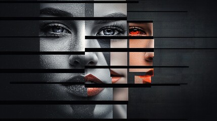 Abstract portrait of a woman divided into contrasting segments.