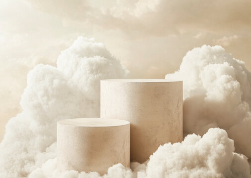 Minimalist beige podiums rise through soft clouds under a warm, dreamy sky. 