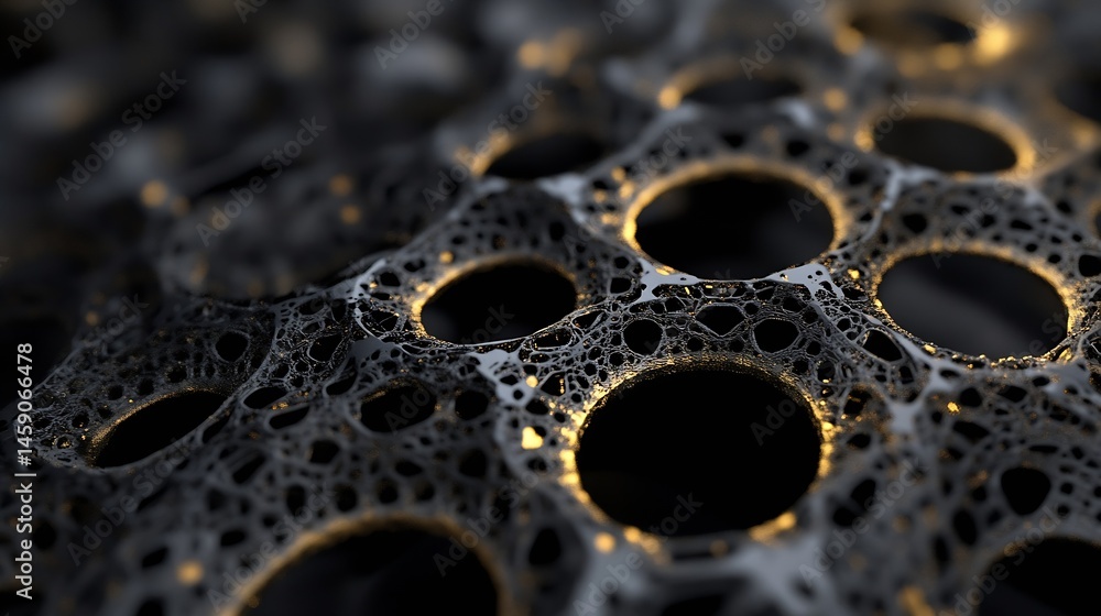 Poster Abstract dark metallic surface with intricate, porous network and glowing golden accents, creating a complex, textured background ideal for design projects. : Generative AI