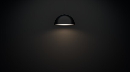 Lamp on the black wall background. Copy space for your presentation. Product presentation showroom, museum exhibition, background for goods advertising, modern art gallery interior element.