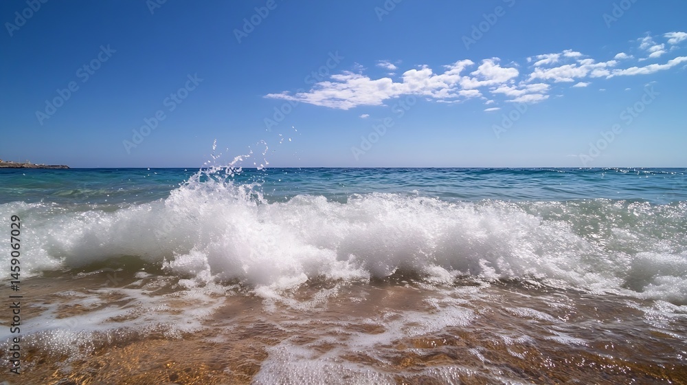 Aufkleber ocean wave crashing on sandy beach under a bright blue sky with fluffy white clouds. a close-up view