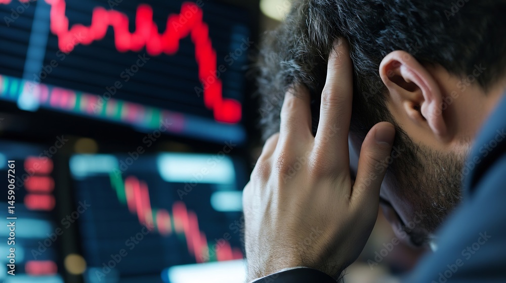 Aufkleber stressed businessman reviewing negative stock market data on computer screens, experiencing financia