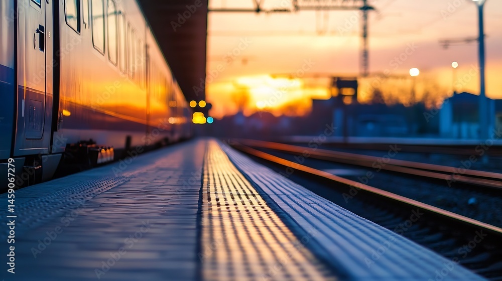 Poster Train at Sunset: A modern high-speed train stands at a platform, bathed in the warm glow of a setting sun, creating a dramatic and peaceful scene. : Generative AI