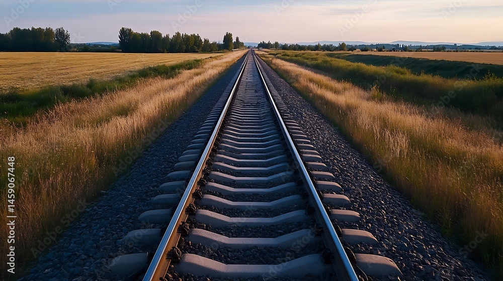 Poster a single railway track stretches towards the horizon, flanked by golden fields and tall grass under 