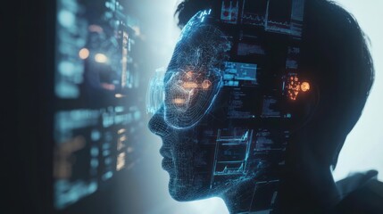 Profile view of a person interacting with a futuristic interface.
