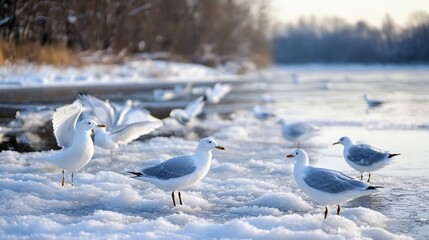 Several white gulls stand on a snowy riverbank, wings partially spread, winter sunlight illuminating the scene.  Frozen water and blurred background of trees and snow. : Generative AI