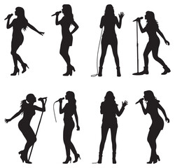 Collection of woman singer silhouettes in dynamic poses, performing with microphone, black vector set  