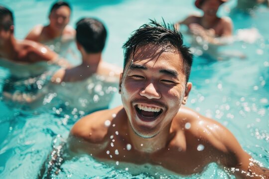 Asian men laughing and swimming in the pool happy accessories accessory.