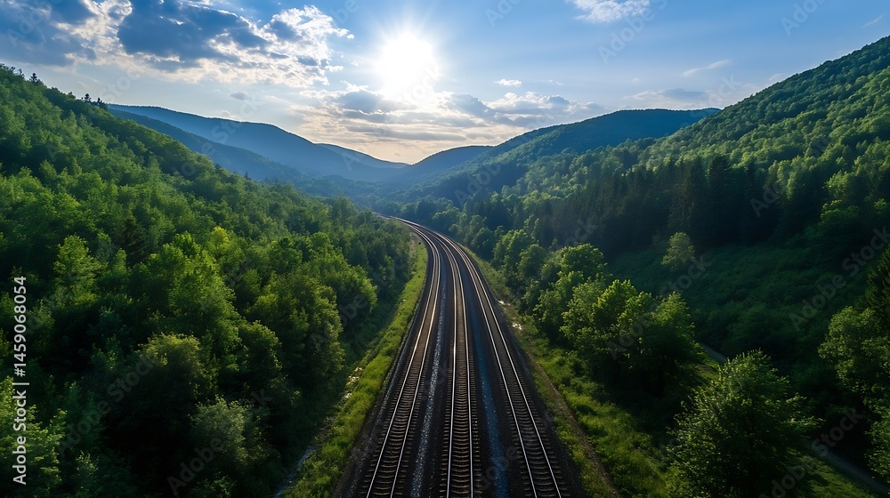 Poster aerial view of a railway track winding through a lush green valley, bathed in the warm light of the 