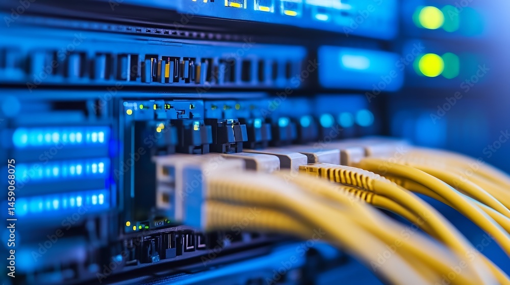 Poster Close-up view of fiber optic cables connected to a network server, showcasing the intricate details of data transfer technology within a modern data center. : Generative AI