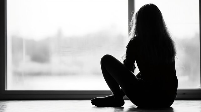 Silhouette of a young woman sitting by a window, lost in thought, gazing at an out-of-focus cityscape, conveying a feeling of solitude and contemplation. : Generative AI