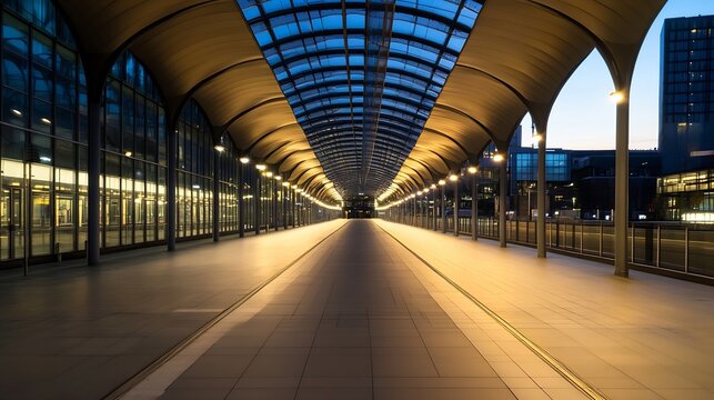 Modern city walkway at night, illuminated path under arched glass roof, sleek architecture, urban scene, evening ambiance. : Generative AI