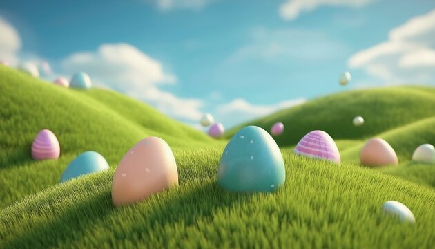 pastel easter eggs on grassy hills under blue sky whimsical spring background for web design, print graphics, seasonal branding or digital assets

 - Powered by Adobe