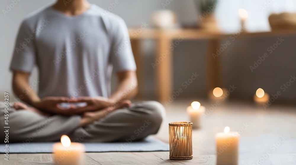 Aufkleber a serene man meditates in lotus position, surrounded by softly glowing candles on a wooden floor, cr