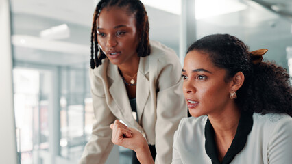 Women, business and computer with team in office, info or research for SEO project. Branding,...