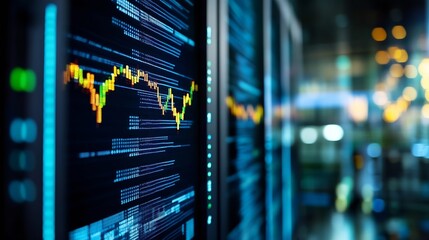 Close-up view of a digital screen displaying a dynamic stock market chart with vibrant green, yellow, and orange candlestick patterns, set against a blurred background of server racks  : Generative AI