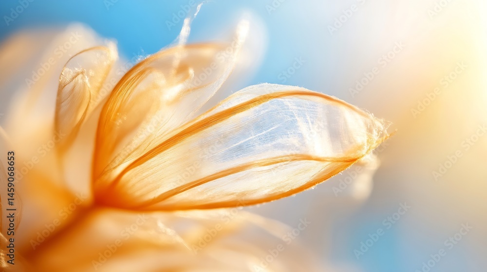 Poster close-up of a delicate, translucent, amber-colored flower petal, illuminated by sunlight against a s