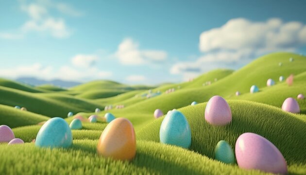 pastel easter eggs on grassy hills under blue sky whimsical spring background for web design, print graphics, seasonal branding or digital assets


