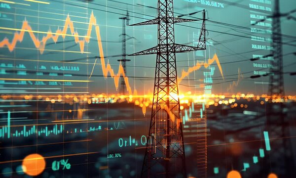 A digital display showing the stock market chart with an electric power grid in the background,  - Powered by Adobe