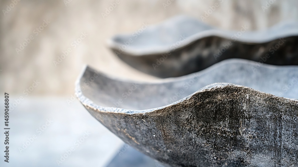 Poster close-up view of two dark gray, wave-shaped concrete planters, showcasing a textured surface with su
