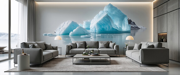 Luxurious modern living room interior design with stunning iceberg wall art background