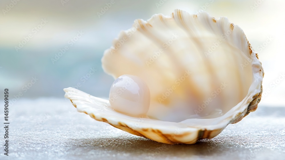 Leinwandbilder A lustrous pearl rests gently inside a pristine seashell, its smooth surface reflecting soft light, creating a serene and elegant image. : Generative AI
