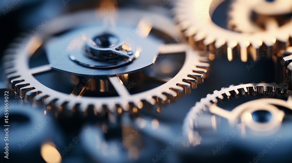 Fototapete Close-up view of intricate metallic gears, showcasing precision engineering and complex mechanics.  The image highlights the detailed craftsmanship and interconnectivity of the gear sy : Generative AI