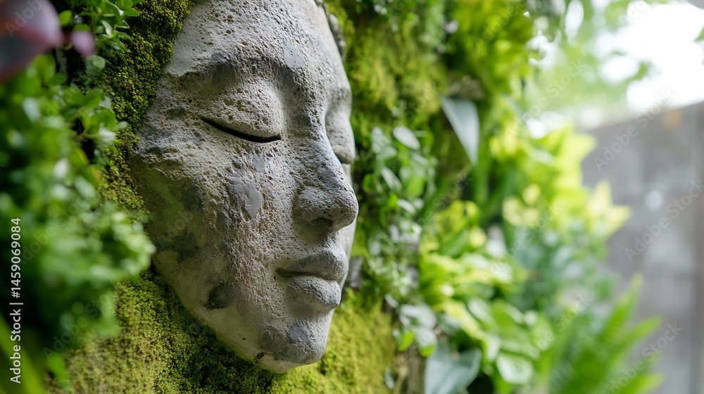 Poster serene stone face sculpture embedded in lush green moss and foliage, creating a tranquil and natural